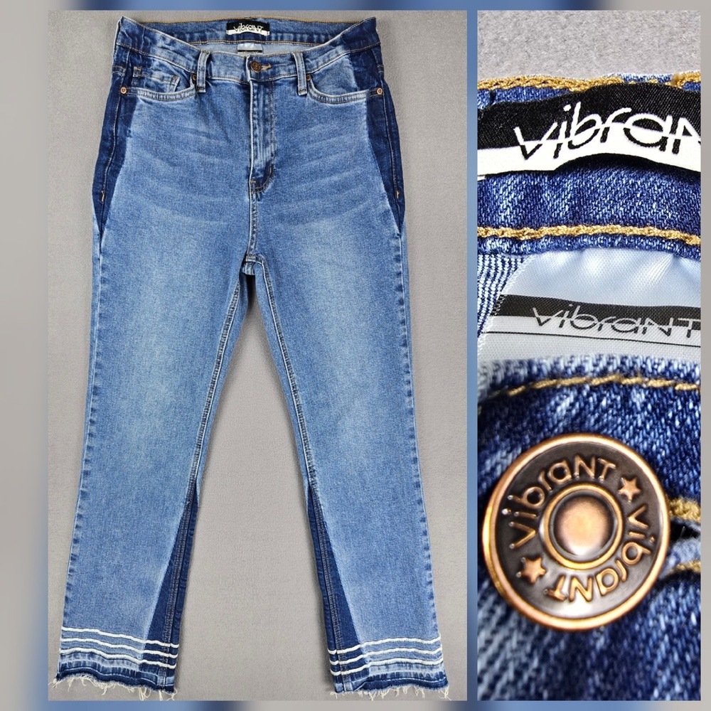 Vibrant MIU Y2K Jeans Women's Size 9‎ Blue Distressed Ankle 29x29 Color Block